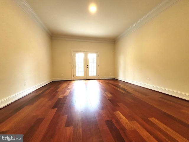 unfurnished room featuring french doors, hardwood / wood-style flooring, and ornamental molding