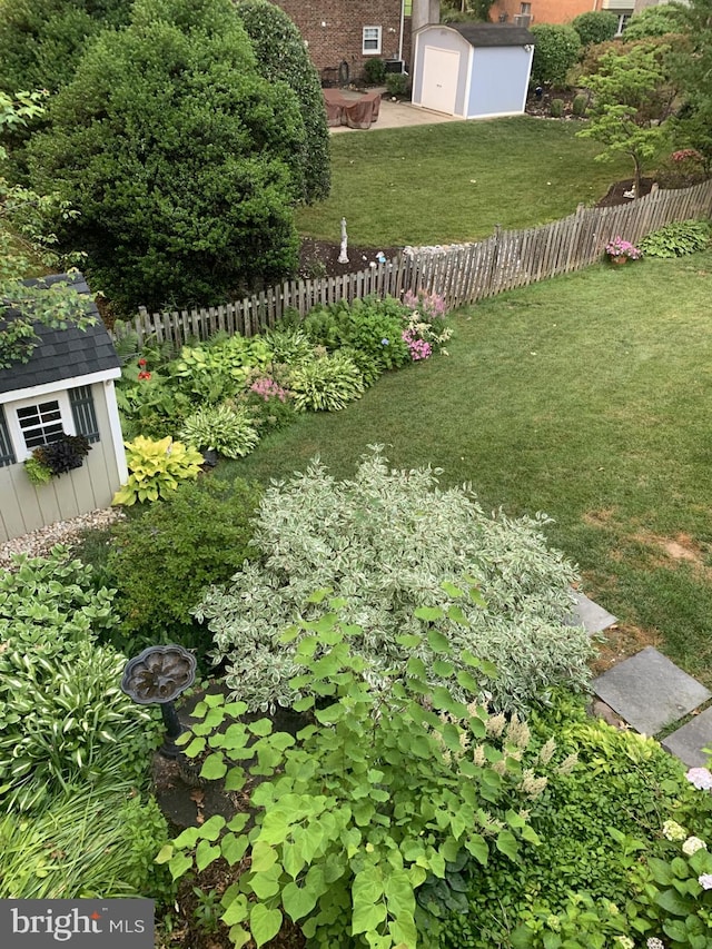 view of yard with a storage shed, a patio, an outdoor structure, and fence