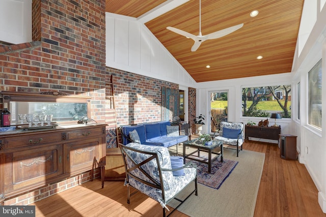 living room featuring recessed lighting, brick wall, wood finished floors, high vaulted ceiling, and wooden ceiling