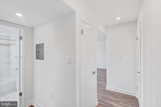 hallway featuring hardwood / wood-style floors and electric panel