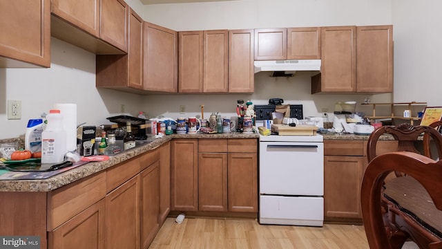 kitchen featuring white range with electric cooktop and light wood-type flooring