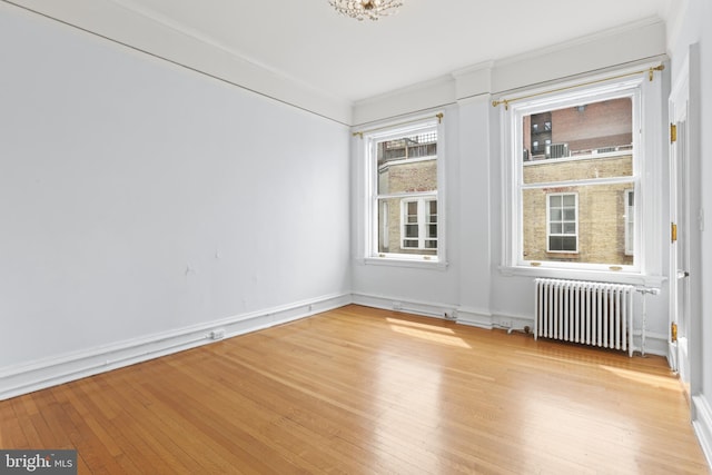 spare room featuring crown molding, light wood-type flooring, and radiator