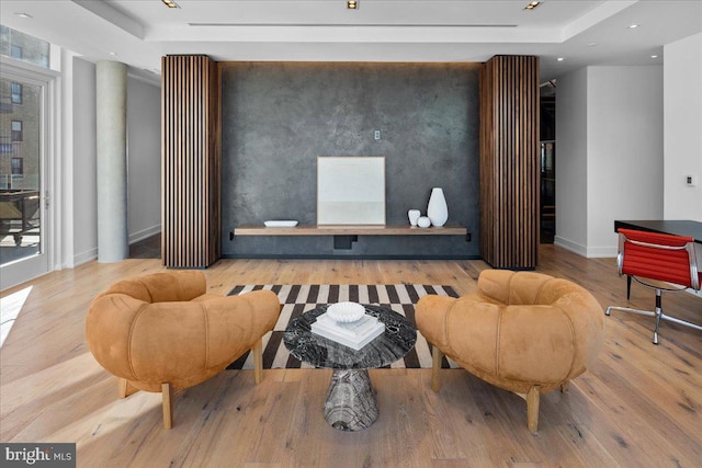 living room featuring a tray ceiling and light wood-type flooring