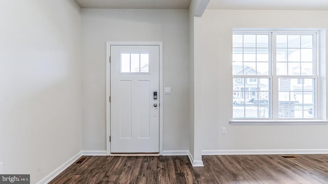 foyer entrance with plenty of natural light and dark hardwood / wood-style floors