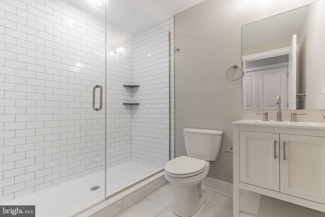 bathroom with walk in shower, oversized vanity, toilet, and tile flooring