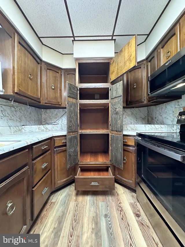 kitchen with tasteful backsplash, light wood-type flooring, and stainless steel appliances