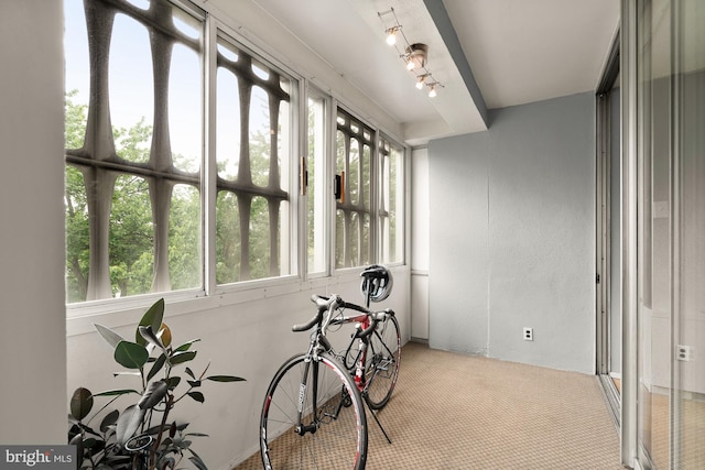 exercise room with light colored carpet and rail lighting