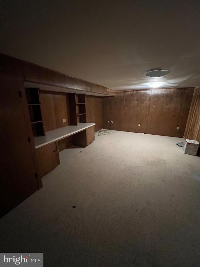 basement with wood walls and carpet