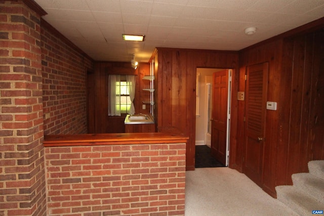 bar with wooden walls, carpet flooring, and brick wall