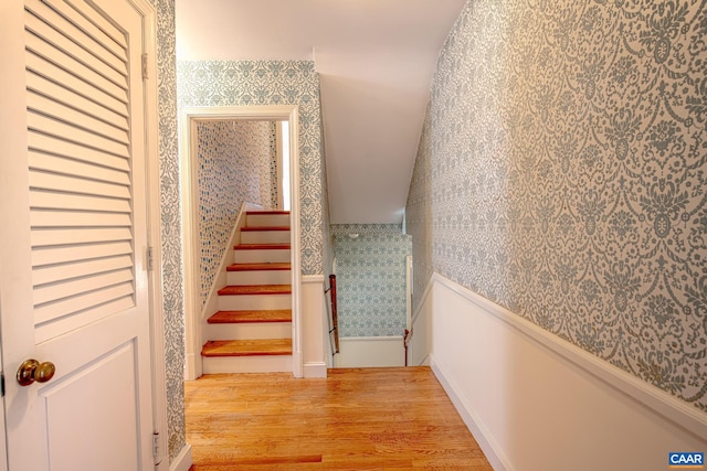 staircase with hardwood / wood-style floors