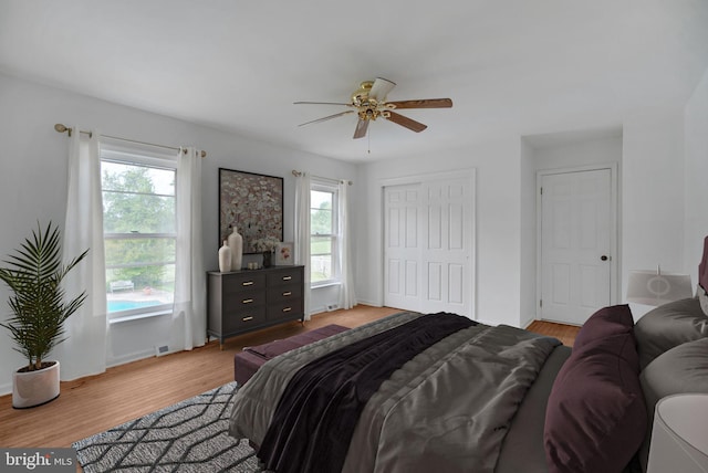 bedroom featuring ceiling fan, multiple windows, and hardwood / wood-style flooring