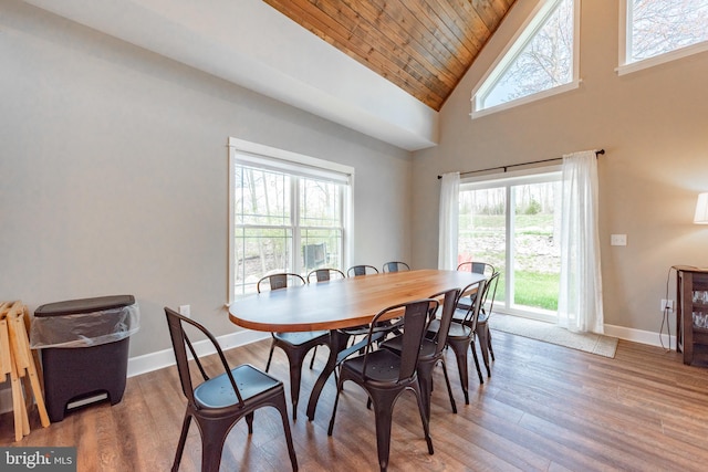 dining area featuring hardwood / wood-style flooring, wood ceiling, and high vaulted ceiling