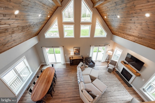 living room with wood ceiling, high vaulted ceiling, and dark hardwood / wood-style flooring