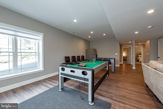 game room with hardwood / wood-style flooring and billiards