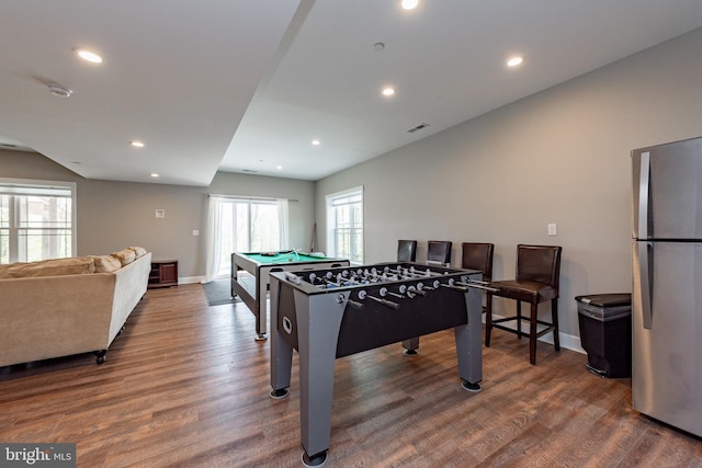 rec room featuring billiards and dark wood-type flooring