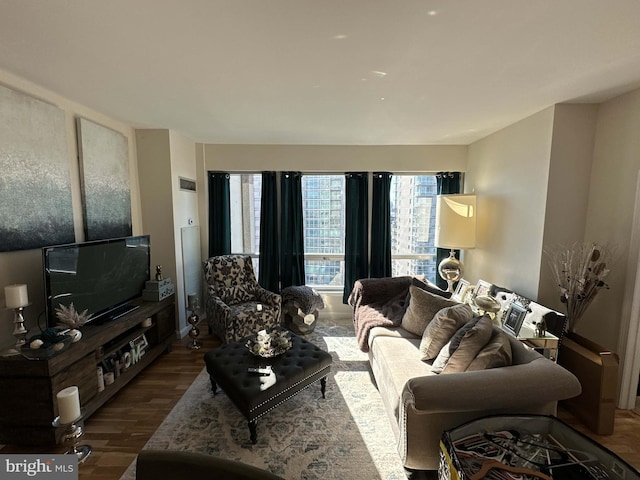 living room with dark hardwood / wood-style flooring