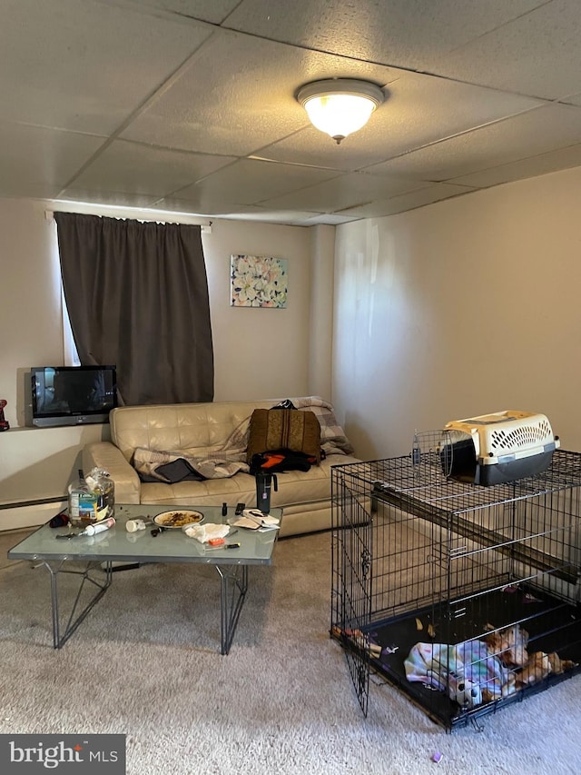 living room featuring carpet floors, a paneled ceiling, and a baseboard heating unit