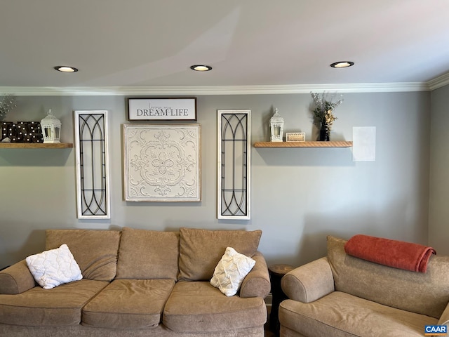 living room featuring crown molding