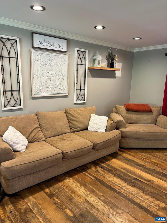 living room with ornamental molding and dark hardwood / wood-style floors