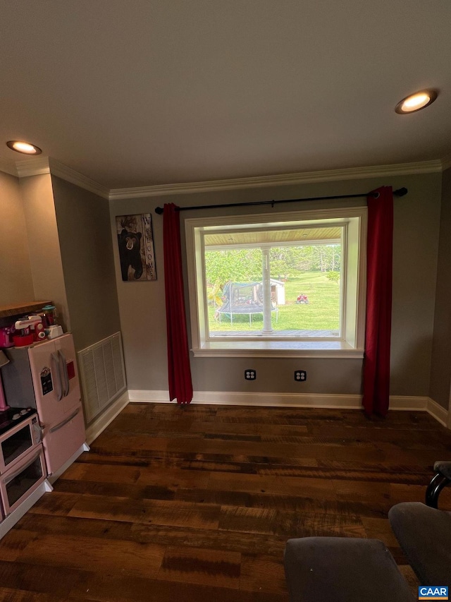 interior space featuring dark hardwood / wood-style flooring and crown molding