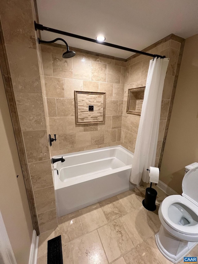 bathroom featuring shower / bathtub combination with curtain, toilet, and tile floors