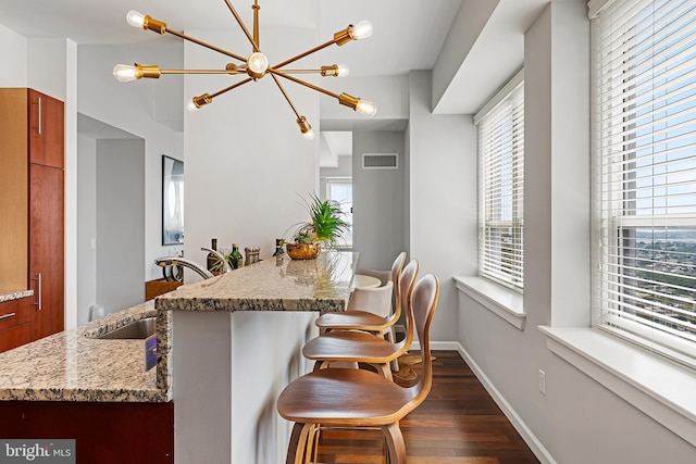 kitchen featuring dark hardwood / wood-style flooring, plenty of natural light, and light stone countertops