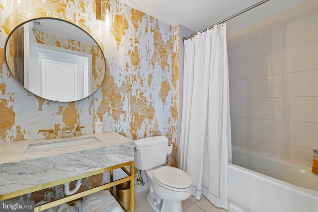 full bathroom featuring sink, shower / bathtub combination with curtain, toilet, and tile flooring