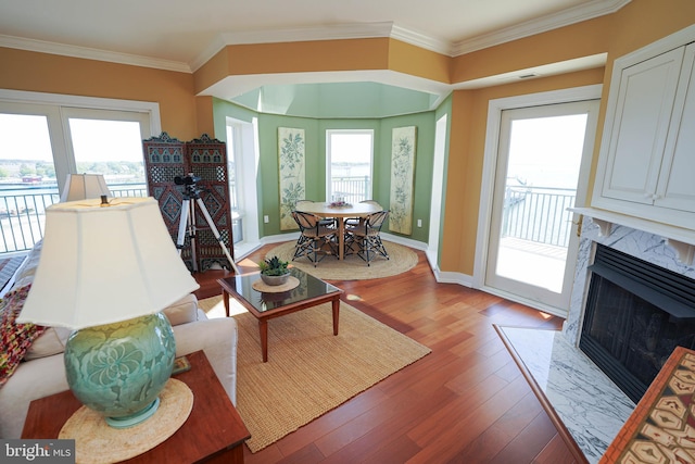 living room with wood-type flooring, plenty of natural light, crown molding, and a high end fireplace