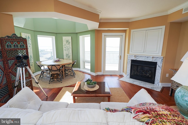 living room featuring a fireplace, hardwood / wood-style floors, and crown molding