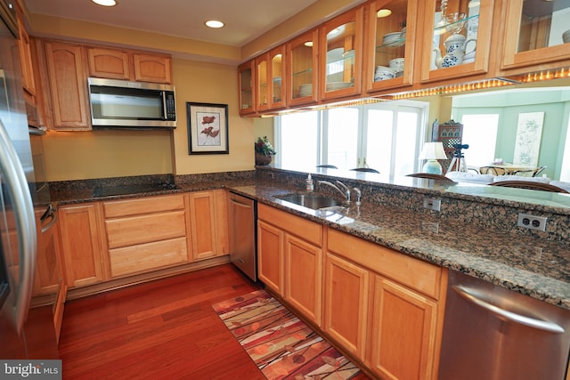 kitchen with dark stone counters, dark hardwood / wood-style flooring, stainless steel appliances, and sink