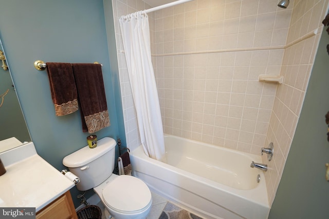 full bathroom with vanity, toilet, and shower / bath combination with curtain