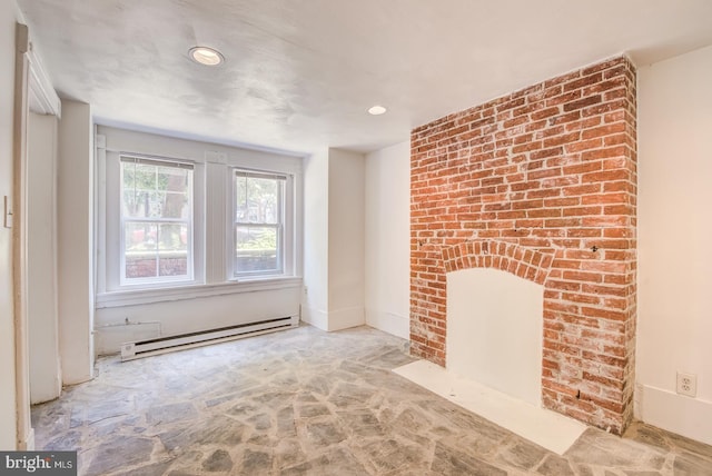 unfurnished living room with a fireplace and baseboard heating