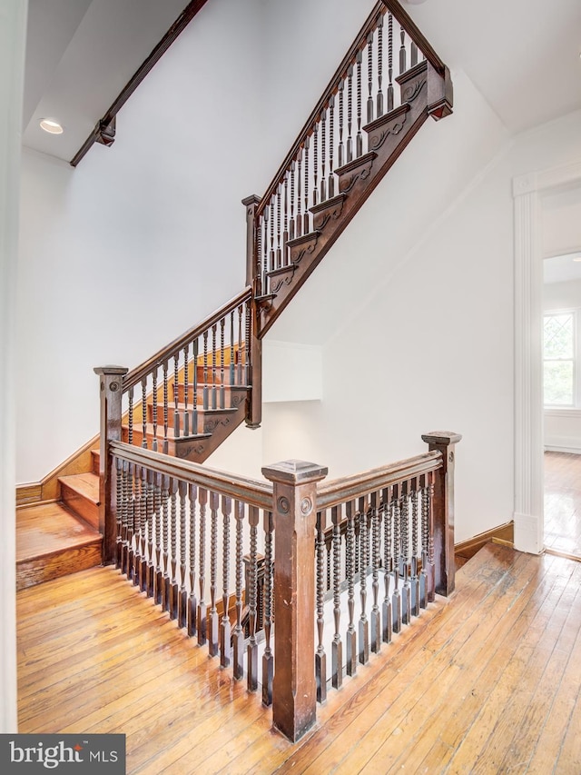 staircase featuring wood-type flooring