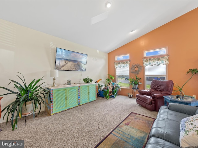 carpeted living room with lofted ceiling