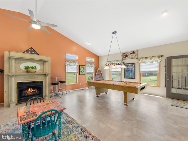 recreation room with vaulted ceiling, ceiling fan, and pool table