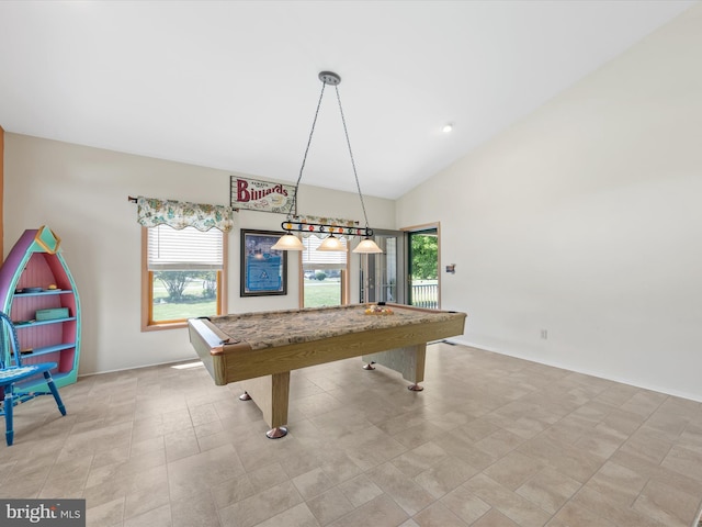 game room with lofted ceiling and billiards