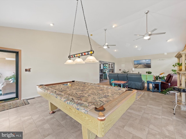 game room with high vaulted ceiling, ceiling fan, and billiards