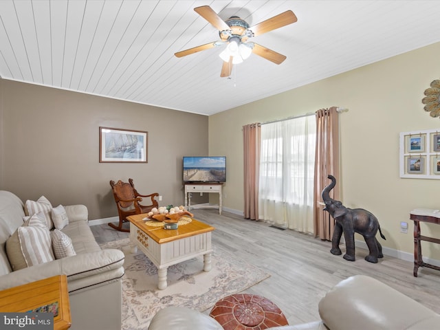 living room with ceiling fan, light wood-type flooring, and wood ceiling