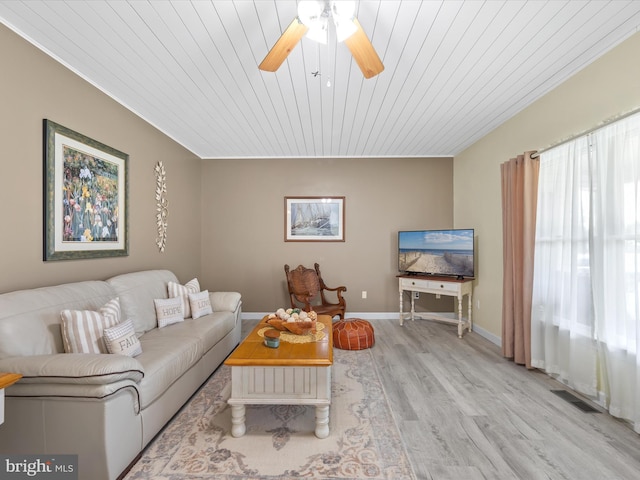 living room featuring ceiling fan, wooden ceiling, and light wood-type flooring