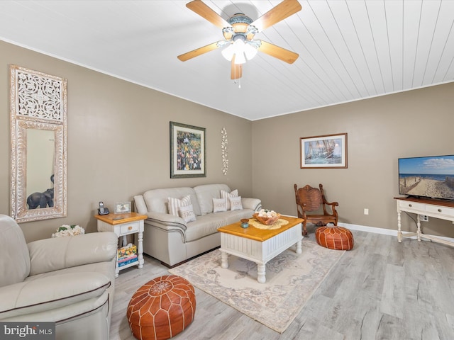 living room featuring light wood-type flooring, ceiling fan, and wooden ceiling