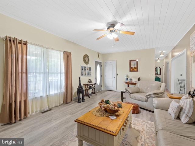 living room with ceiling fan, light wood-type flooring, and wooden ceiling