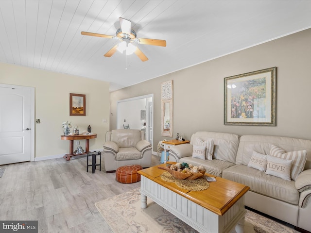 living room featuring ceiling fan, wood ceiling, and light wood-type flooring