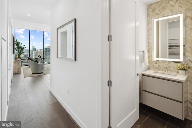 corridor with sink, dark hardwood / wood-style flooring, and expansive windows