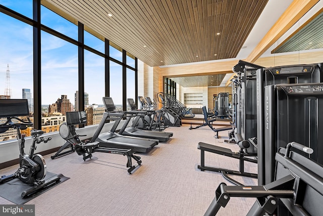 workout area featuring wooden ceiling, expansive windows, and carpet