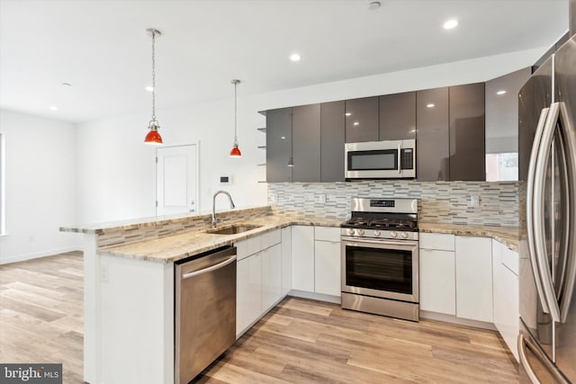 kitchen with appliances with stainless steel finishes, sink, tasteful backsplash, and kitchen peninsula