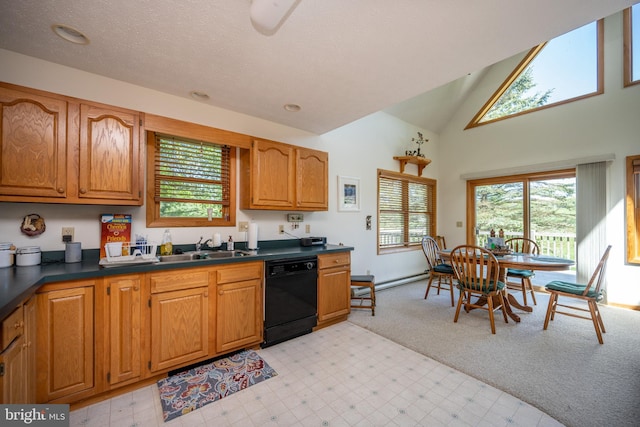 kitchen featuring light colored carpet, high vaulted ceiling, sink, and black dishwasher