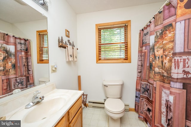 bathroom with a baseboard heating unit, toilet, tile flooring, and vanity