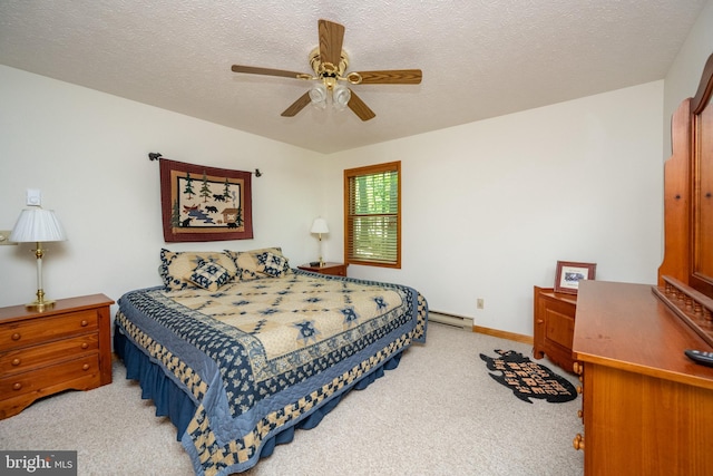 bedroom with light carpet, ceiling fan, a baseboard radiator, and a textured ceiling