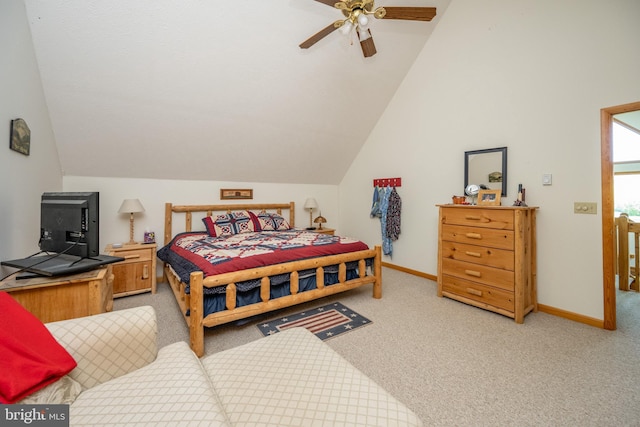 bedroom featuring light carpet, ceiling fan, and lofted ceiling