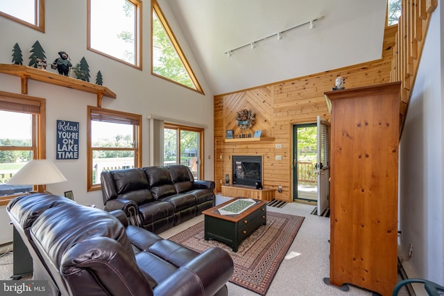 living room with high vaulted ceiling, wood walls, track lighting, and carpet floors